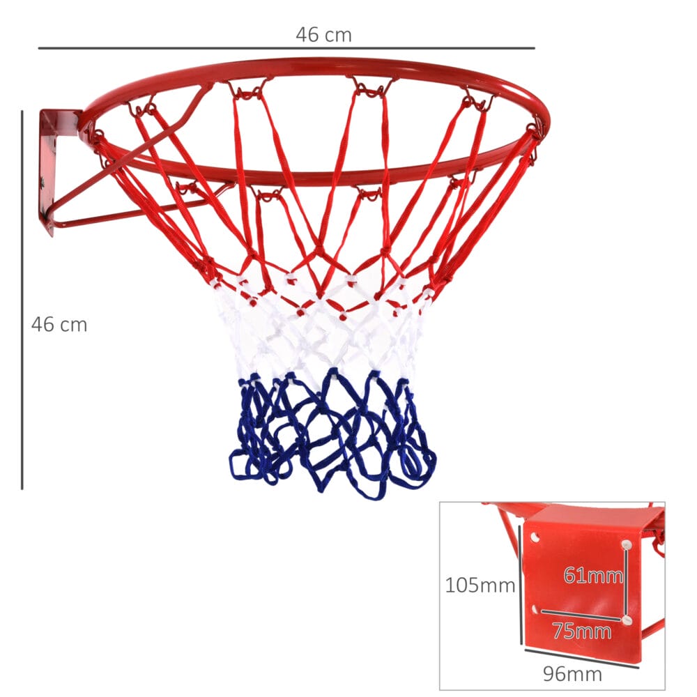 Klassischer Basketballkorb mit Netz aus Stahl und Nylon, ideal für den Aufbau an der Wand oder einem Ständer.