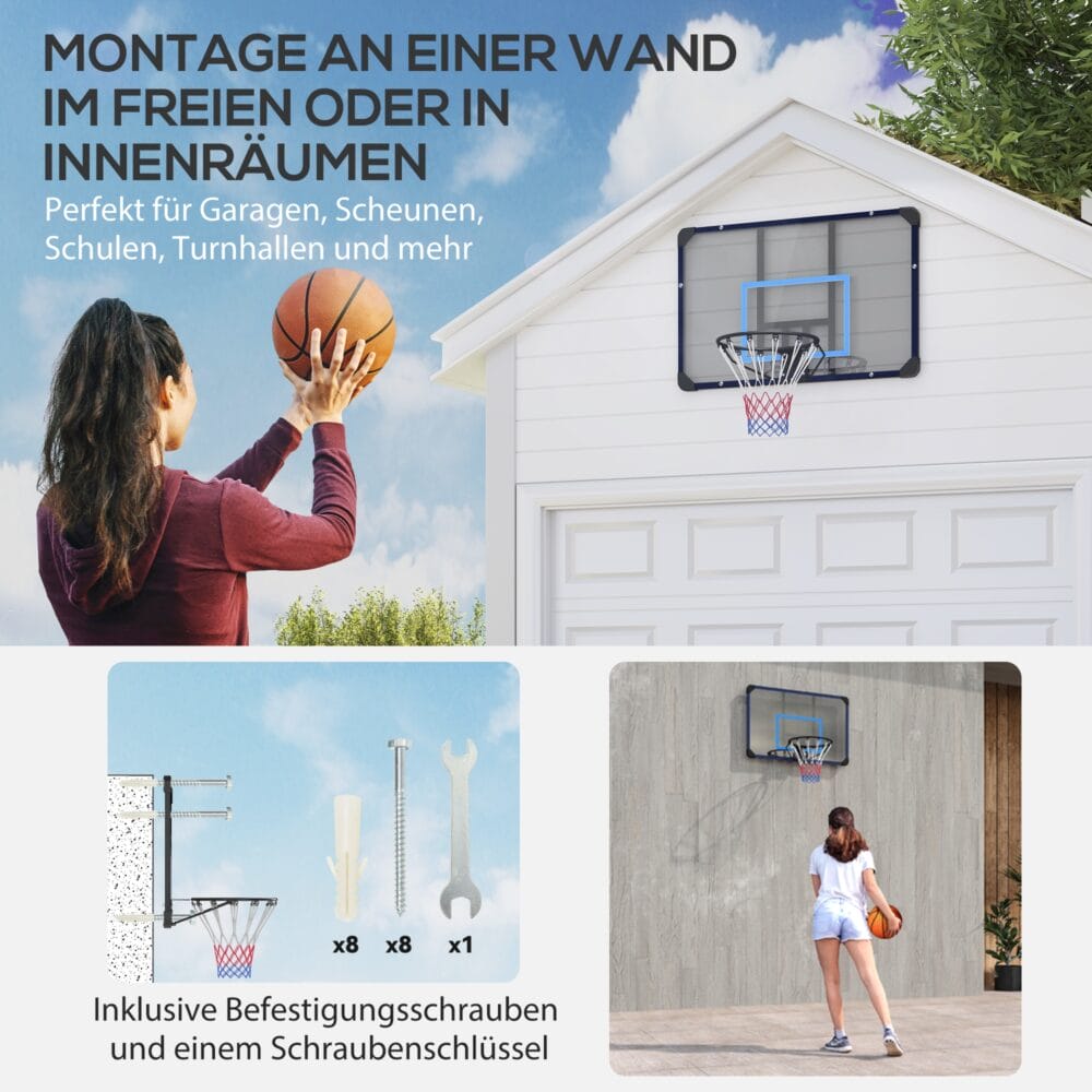 Blauer Basketballkorb zur Wandmontage, ideal für die Installation im Garten oder auf dem Spielplatz.
