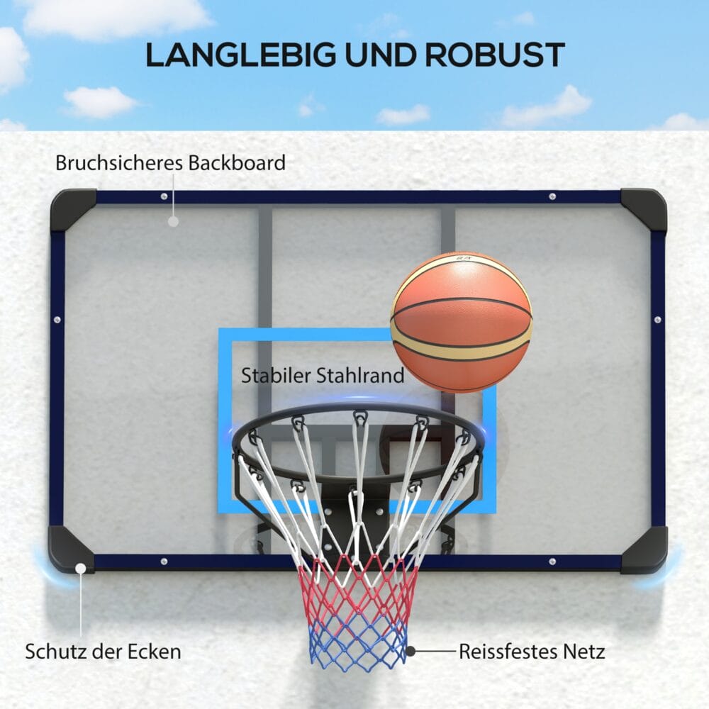 Blauer Basketballkorb zur Wandmontage, ideal für die Installation im Garten oder auf dem Spielplatz.