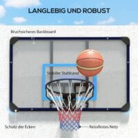 Blauer Basketballkorb zur Wandmontage, ideal für die Installation im Garten oder auf dem Spielplatz.