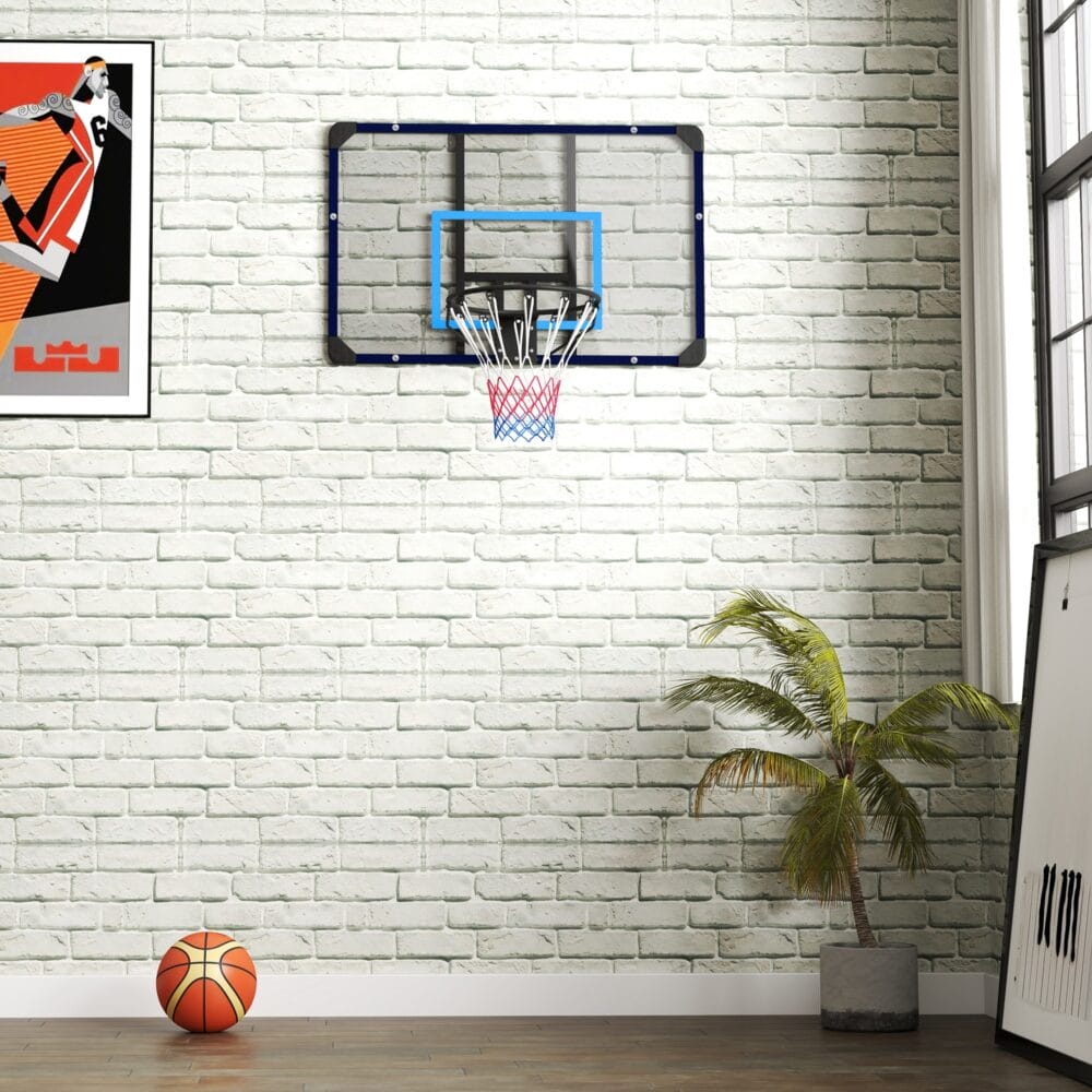 Blauer Basketballkorb zur Wandmontage, ideal für die Installation im Garten oder auf dem Spielplatz.