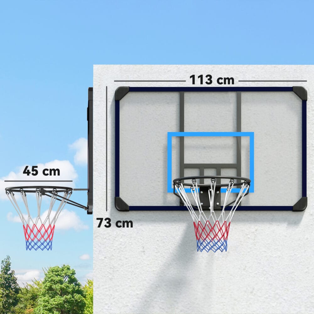 Blauer Basketballkorb zur Wandmontage, ideal für die Installation im Garten oder auf dem Spielplatz.