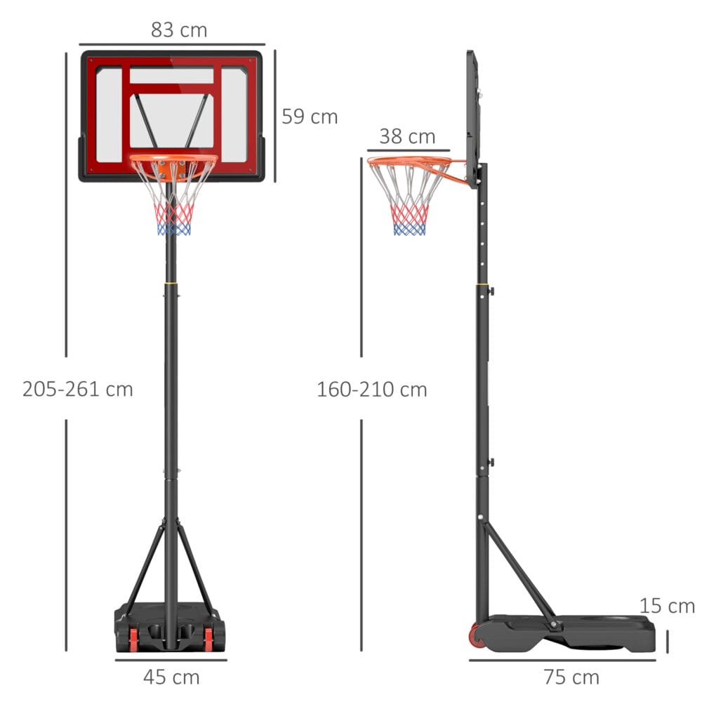 Robuster schwarzer Basketballständer für den Aussenbereich, höhenverstellbar von 160-210cm und mit praktischen Rollen für einfache Mobilität.