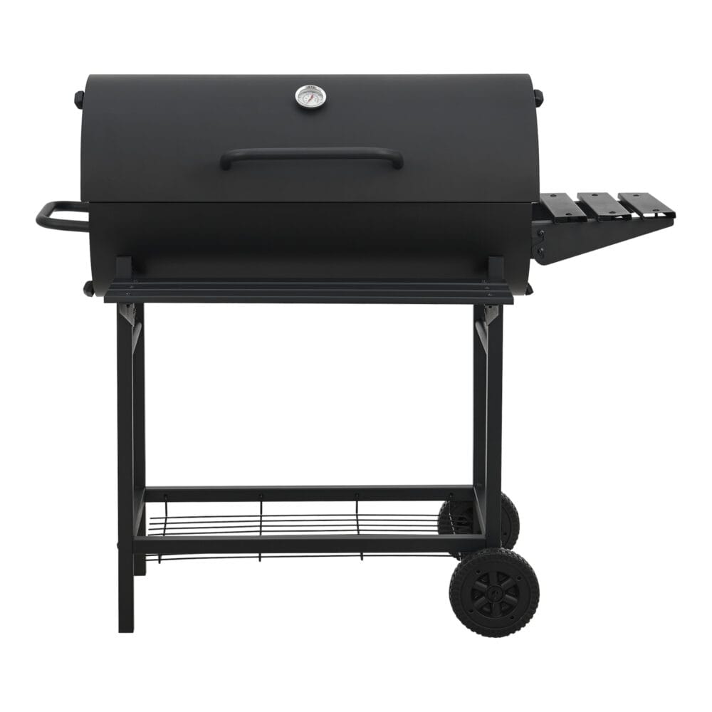 Großer BBQ-Wagen Grill Dallas in Schwarz, Maße 95x108x61cm, ideal für vielseitige Grillabende im Garten.