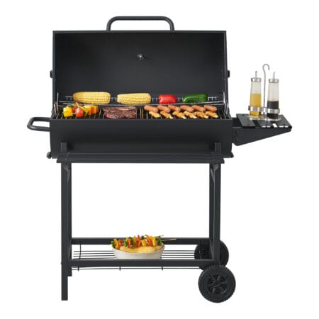 Großer BBQ-Wagen Grill Dallas in Schwarz, Maße 95x108x61cm, ideal für vielseitige Grillabende im Garten.