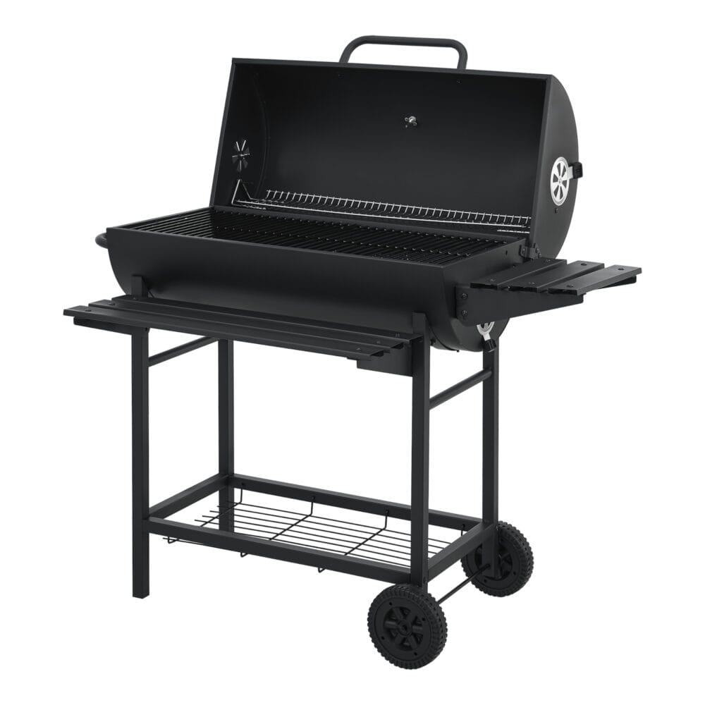 Großer BBQ-Wagen Grill Dallas in Schwarz, Maße 95x108x61cm, ideal für vielseitige Grillabende im Garten.