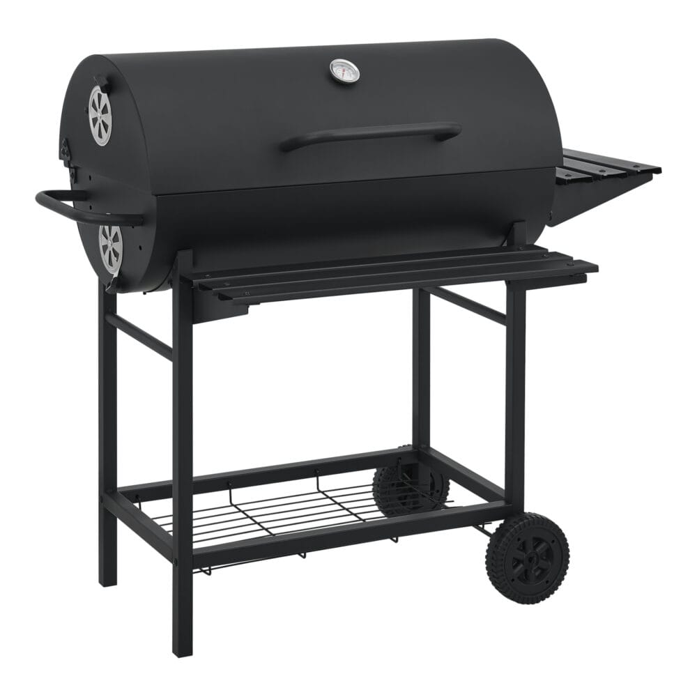 Großer BBQ-Wagen Grill Dallas in Schwarz, Maße 95x108x61cm, ideal für vielseitige Grillabende im Garten.