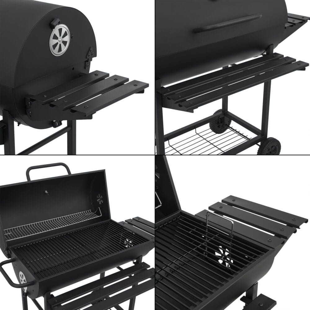 Großer BBQ-Wagen Grill Dallas in Schwarz, Maße 95x108x61cm, ideal für vielseitige Grillabende im Garten.