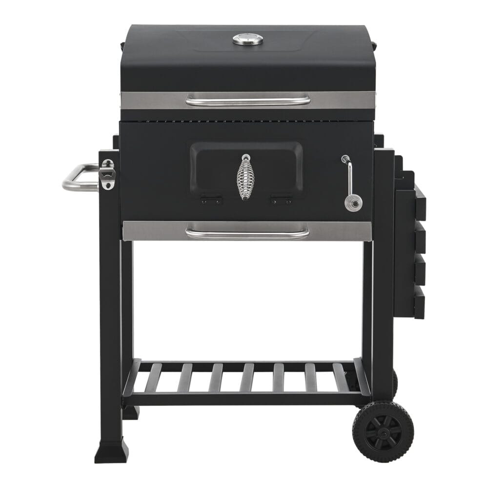 Hochwertiger BBQ-Wagen Grill Houston in Schwarz, Maße 105x114x47.5cm, mit großzügiger Grillfläche für Gartenpartys.