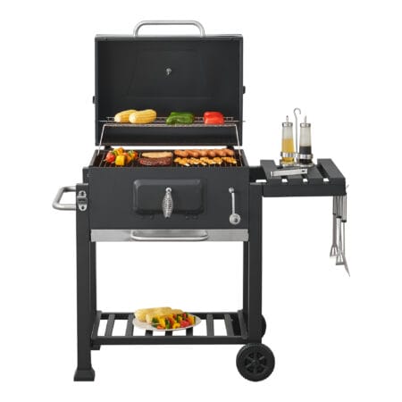 Hochwertiger BBQ-Wagen Grill Houston in Schwarz, Maße 105x114x47.5cm, mit großzügiger Grillfläche für Gartenpartys.