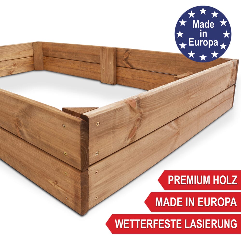 Holz-Beetrahmen im 3er-Set, flexibel stapelbar für verschiedene Pflanzenhöhen.