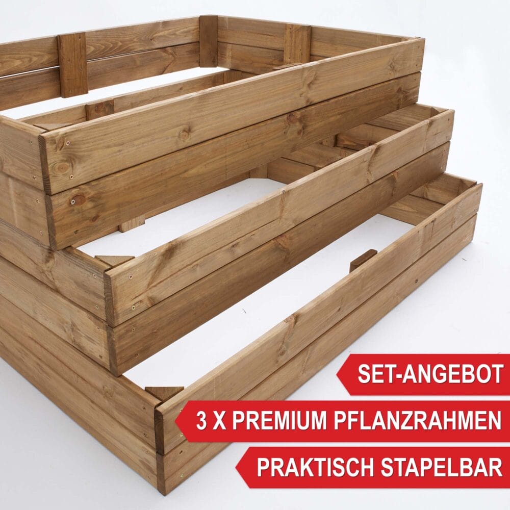 Holz-Beetrahmen im 3er-Set, flexibel stapelbar für verschiedene Pflanzenhöhen.