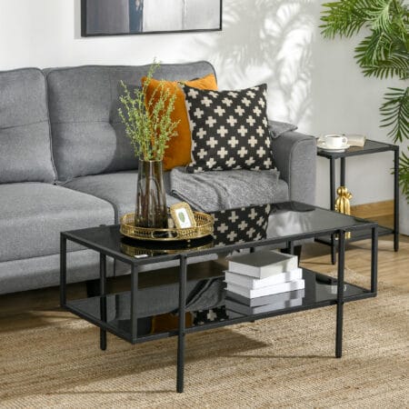 Beistelltisch 2 Ablagen Hartglas 100x55x45,5cm Schwarz – Produktfoto zeigt modernes Design, hochwertige Materialien und funktionale Eigenschaften ideal für Wohn- oder Arbeitsbereiche. Perfekt als Einrichtungsinspiration oder zur Produktpräsentation in einem Onlineshop.