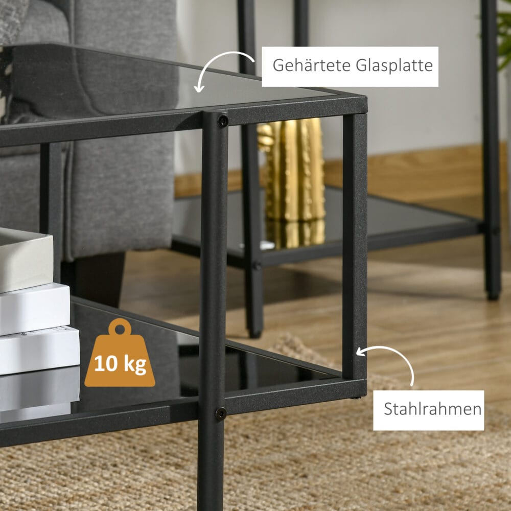 Beistelltisch 2 Ablagen Hartglas 100x55x45,5cm Schwarz – Produktfoto zeigt modernes Design, hochwertige Materialien und funktionale Eigenschaften ideal für Wohn- oder Arbeitsbereiche. Perfekt als Einrichtungsinspiration oder zur Produktpräsentation in einem Onlineshop.