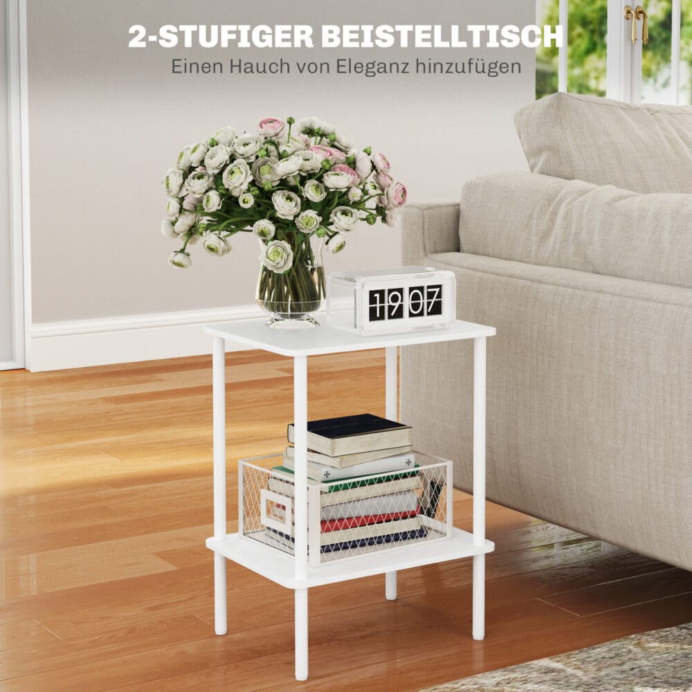 Beistelltisch 2-stufig mit Metallrahmen & Aufbewahrungsfach modern Weiss – Produktfoto zeigt modernes Design, hochwertige Materialien und funktionale Eigenschaften ideal für Wohn- oder Arbeitsbereiche. Perfekt als Einrichtungsinspiration oder zur Produktpräsentation in einem Onlineshop.