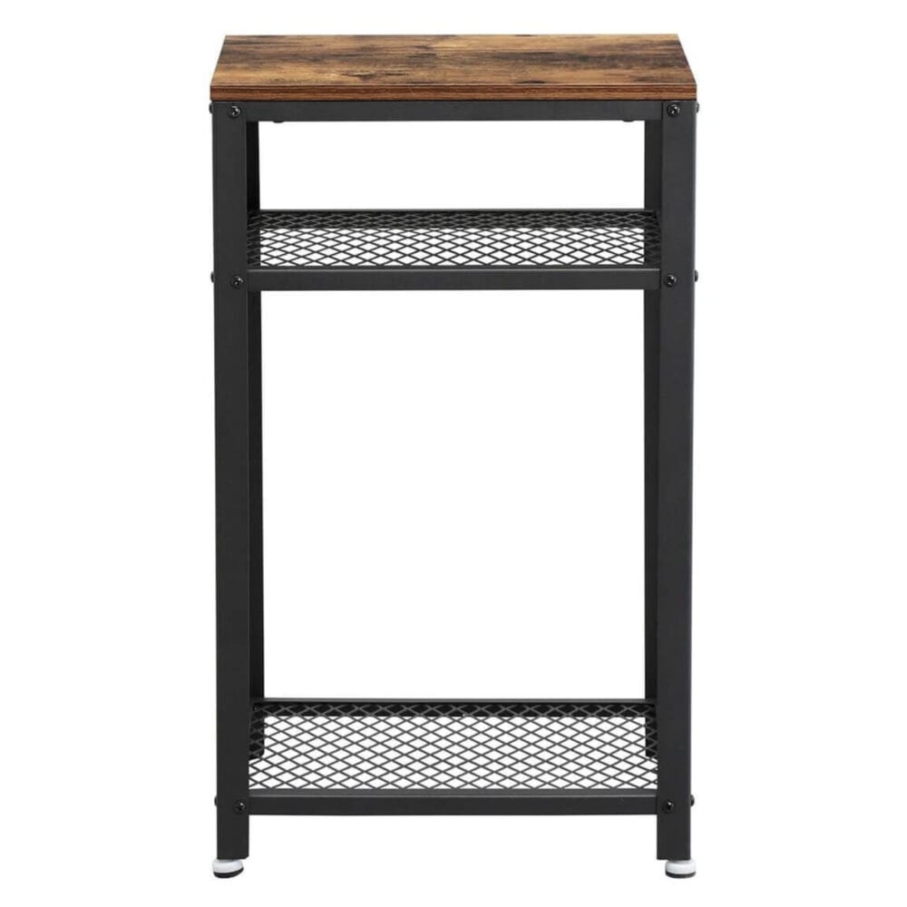Beistelltisch mit Holzoptik und stabilem Metallrahmen. 3 Ablagen bieten Stauraum für Dekoration, ideal für Wohnzimmer, Schlafzimmer oder Büro.
