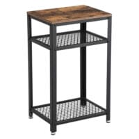 Beistelltisch mit Holzoptik und stabilem Metallrahmen. 3 Ablagen bieten Stauraum für Dekoration, ideal für Wohnzimmer, Schlafzimmer oder Büro.