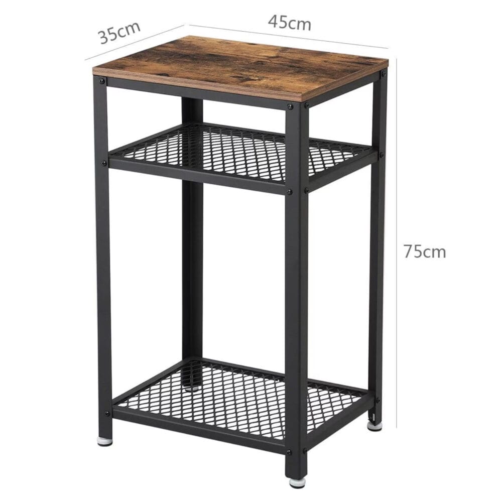 Beistelltisch mit Holzoptik und stabilem Metallrahmen. 3 Ablagen bieten Stauraum für Dekoration, ideal für Wohnzimmer, Schlafzimmer oder Büro.