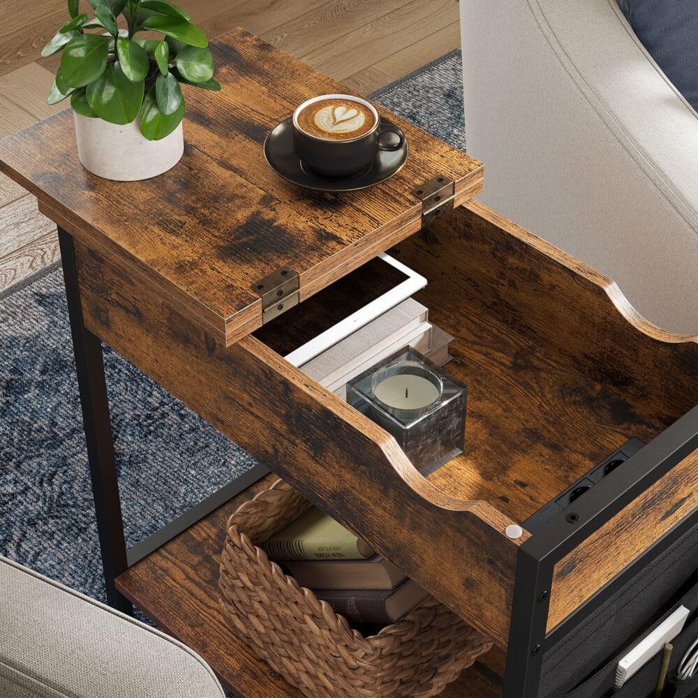 Beistelltisch klappbar mit Steckdose Holz Vintage-Braun