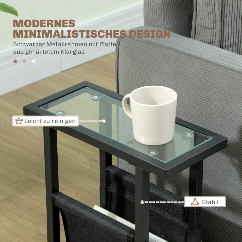 Beistelltisch mit Stofftasche & Glasplatte 40x18x55,5cm Schwarz – Produktfoto zeigt modernes Design, hochwertige Materialien und funktionale Eigenschaften ideal für Wohn- oder Arbeitsbereiche. Perfekt als Einrichtungsinspiration oder zur Produktpräsentation in einem Onlineshop.