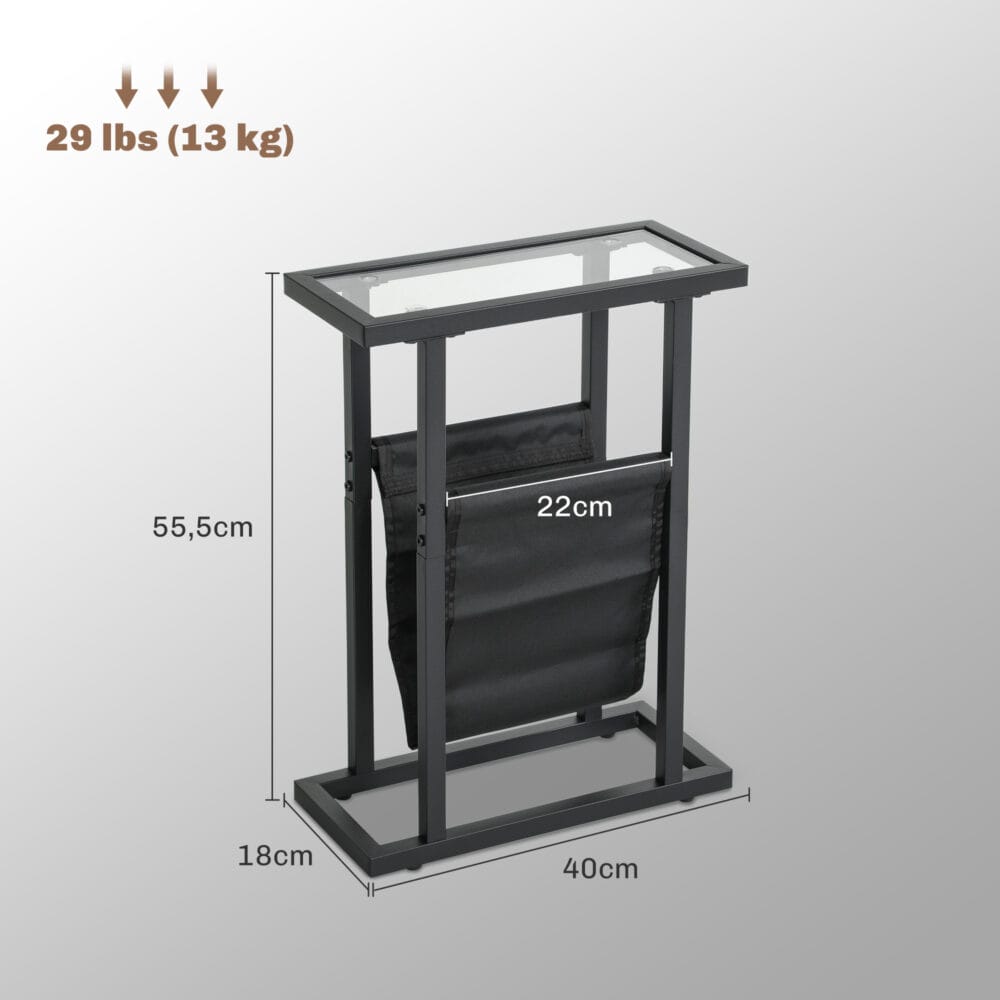 Beistelltisch mit Stofftasche & Glasplatte 40x18x55,5cm Schwarz – Produktfoto zeigt modernes Design, hochwertige Materialien und funktionale Eigenschaften ideal für Wohn- oder Arbeitsbereiche. Perfekt als Einrichtungsinspiration oder zur Produktpräsentation in einem Onlineshop.