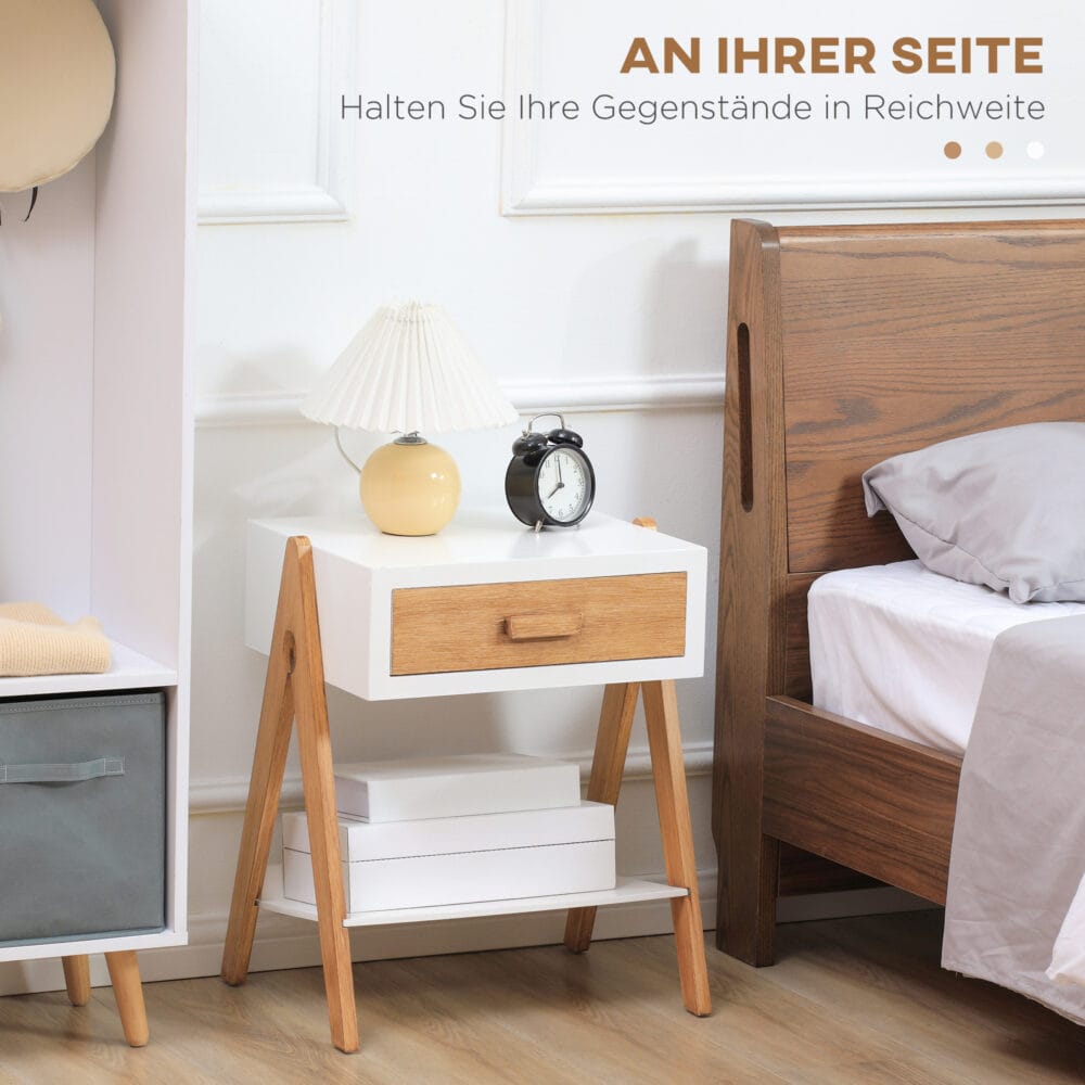 Beistelltisch Nachttisch mit Schublade Skandi-Design Weiss-Braun