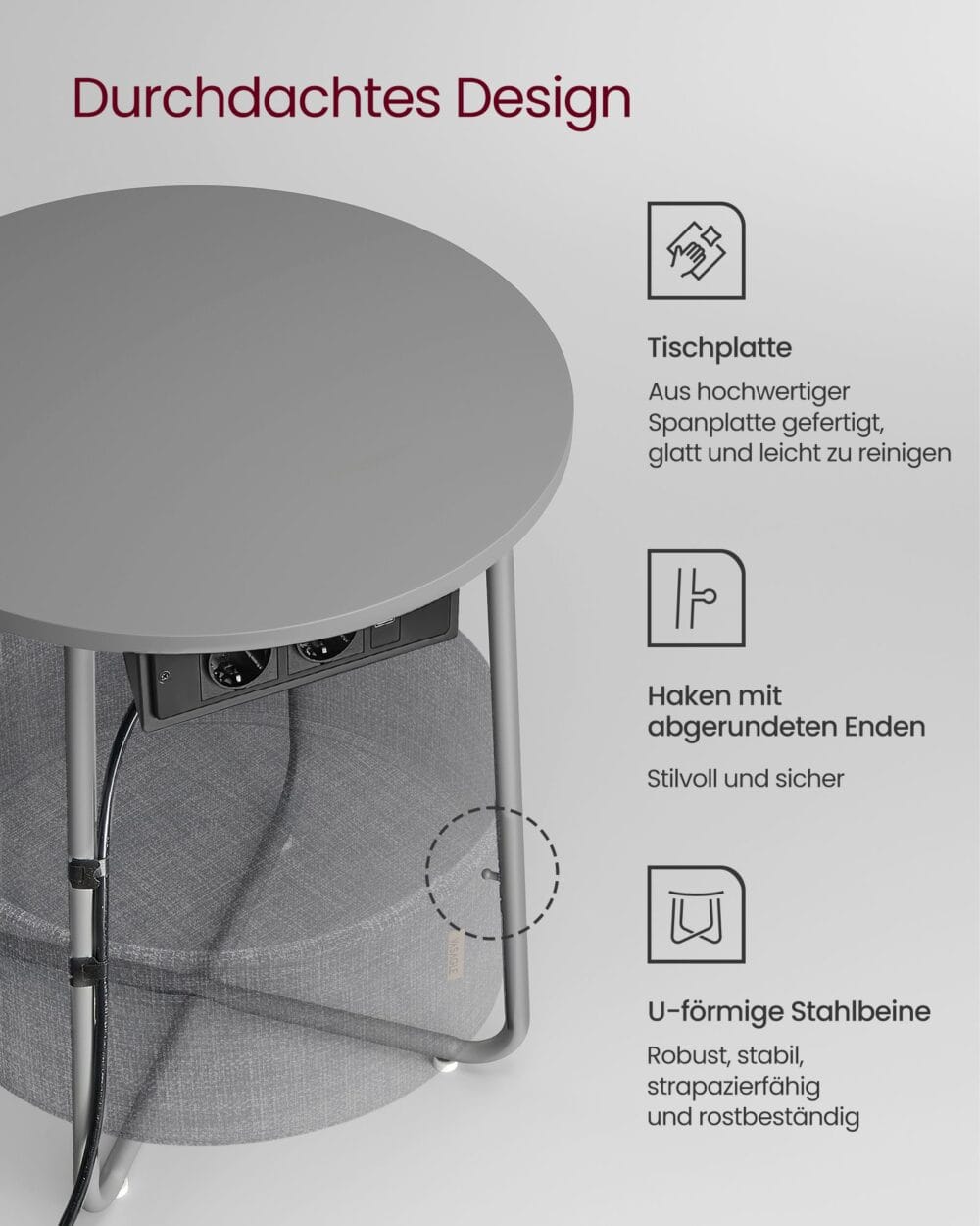 Nachttisch mit Steckdosen für praktische Nutzung neben dem Bett.