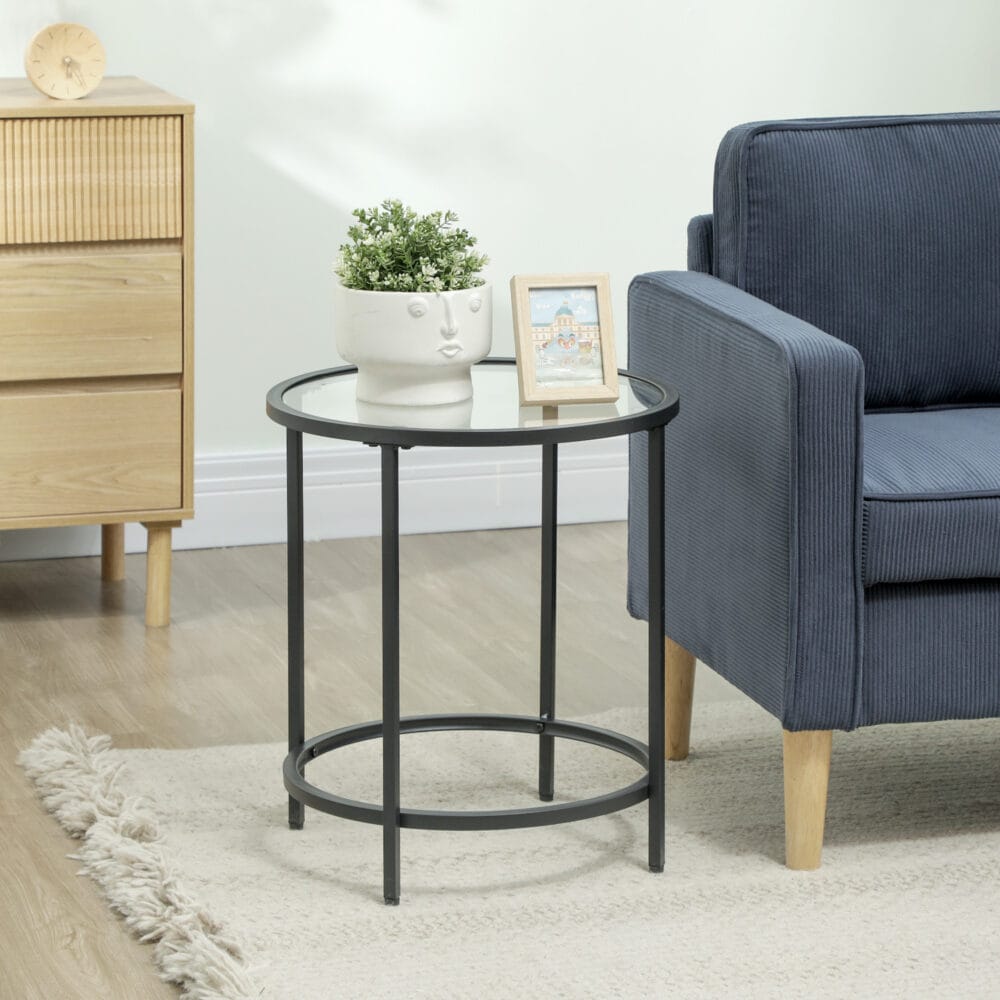 Beistelltisch rund mit Glasplatte & Metallrahmen Ø48x547cm Schwarz – Produktfoto zeigt modernes Design, hochwertige Materialien und funktionale Eigenschaften ideal für Wohn- oder Arbeitsbereiche. Perfekt als Einrichtungsinspiration oder zur Produktpräsentation in einem Onlineshop.