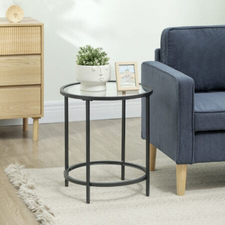 Beistelltisch rund mit Glasplatte & Metallrahmen Ø48x547cm Schwarz – Produktfoto zeigt modernes Design, hochwertige Materialien und funktionale Eigenschaften ideal für Wohn- oder Arbeitsbereiche. Perfekt als Einrichtungsinspiration oder zur Produktpräsentation in einem Onlineshop.