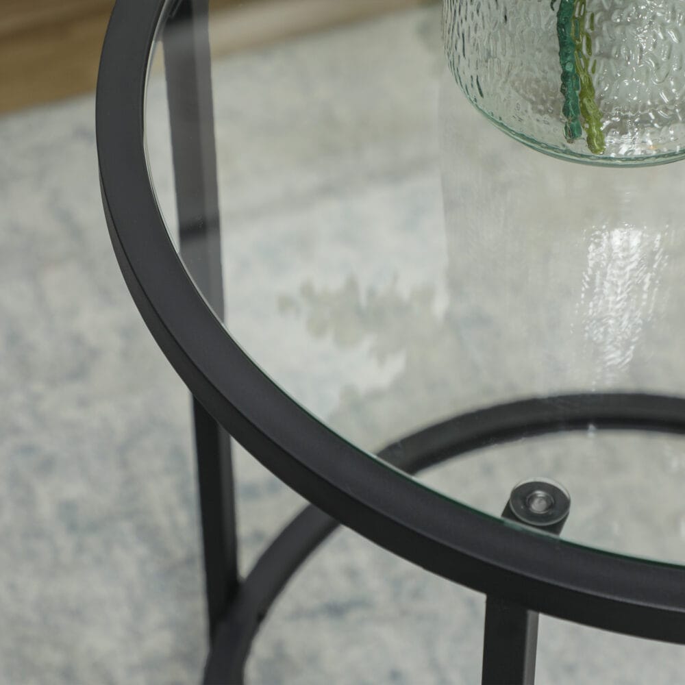 Beistelltisch rund mit Glasplatte & Metallrahmen Ø48x547cm Schwarz – Produktfoto zeigt modernes Design, hochwertige Materialien und funktionale Eigenschaften ideal für Wohn- oder Arbeitsbereiche. Perfekt als Einrichtungsinspiration oder zur Produktpräsentation in einem Onlineshop.