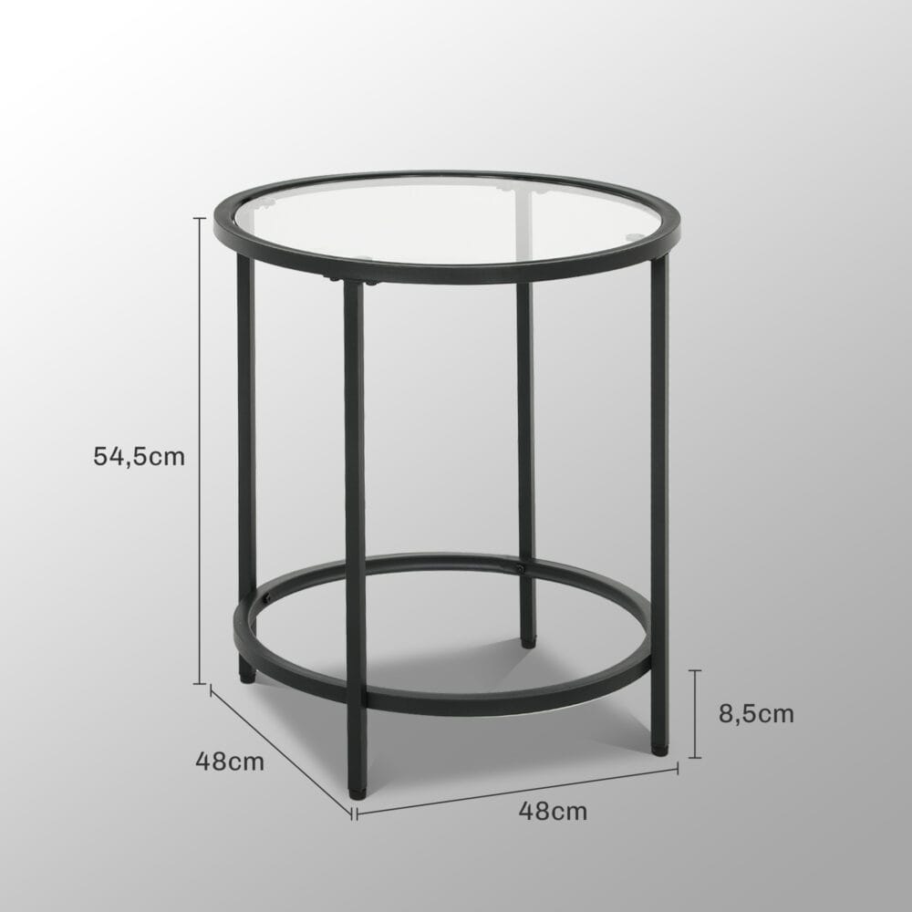 Beistelltisch rund mit Glasplatte & Metallrahmen Ø48x547cm Schwarz – Produktfoto zeigt modernes Design, hochwertige Materialien und funktionale Eigenschaften ideal für Wohn- oder Arbeitsbereiche. Perfekt als Einrichtungsinspiration oder zur Produktpräsentation in einem Onlineshop.