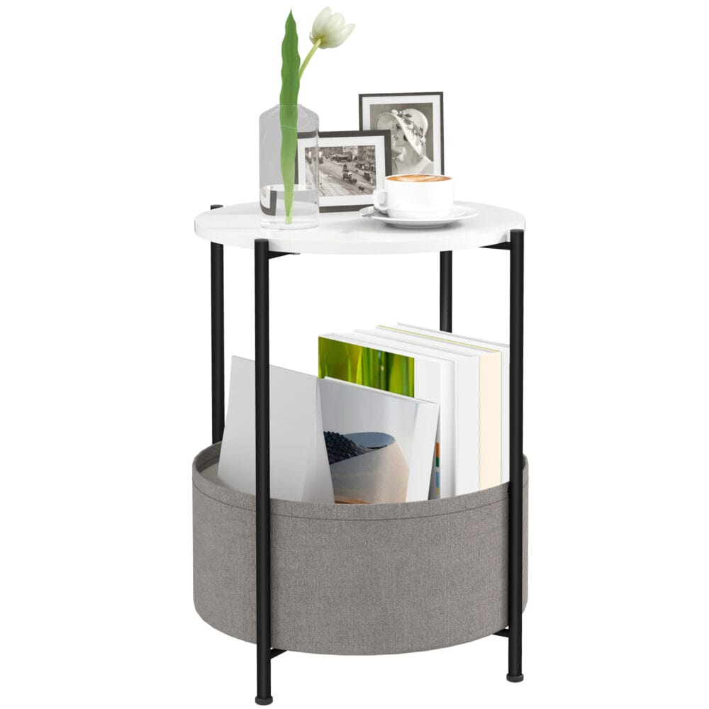 Beistelltisch rund mit Stoffkorb 44x44x56cm Grau & Weiss – Produktfoto zeigt modernes Design, hochwertige Materialien und funktionale Eigenschaften ideal für Wohn- oder Arbeitsbereiche. Perfekt als Einrichtungsinspiration oder zur Produktpräsentation in einem Onlineshop.