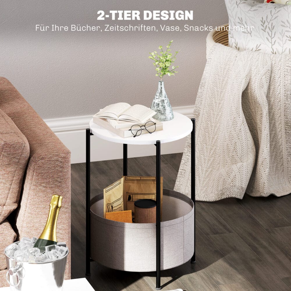 Beistelltisch rund mit Stoffkorb 44x44x56cm Grau & Weiss – Produktfoto zeigt modernes Design, hochwertige Materialien und funktionale Eigenschaften ideal für Wohn- oder Arbeitsbereiche. Perfekt als Einrichtungsinspiration oder zur Produktpräsentation in einem Onlineshop.