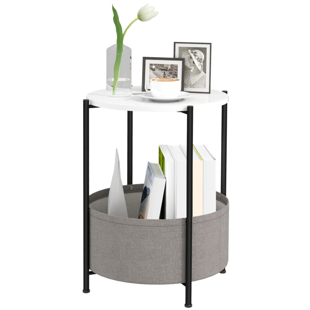 Beistelltisch rund mit Stoffkorb 44x44x56cm Grau & Weiss – Produktfoto zeigt modernes Design, hochwertige Materialien und funktionale Eigenschaften ideal für Wohn- oder Arbeitsbereiche. Perfekt als Einrichtungsinspiration oder zur Produktpräsentation in einem Onlineshop.