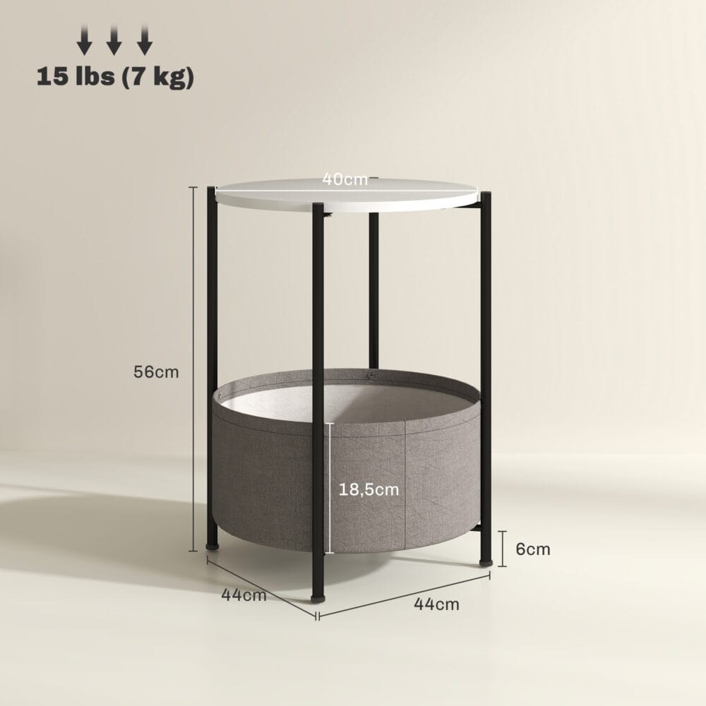 Beistelltisch rund mit Stoffkorb 44x44x56cm Grau & Weiss – Produktfoto zeigt modernes Design, hochwertige Materialien und funktionale Eigenschaften ideal für Wohn- oder Arbeitsbereiche. Perfekt als Einrichtungsinspiration oder zur Produktpräsentation in einem Onlineshop.