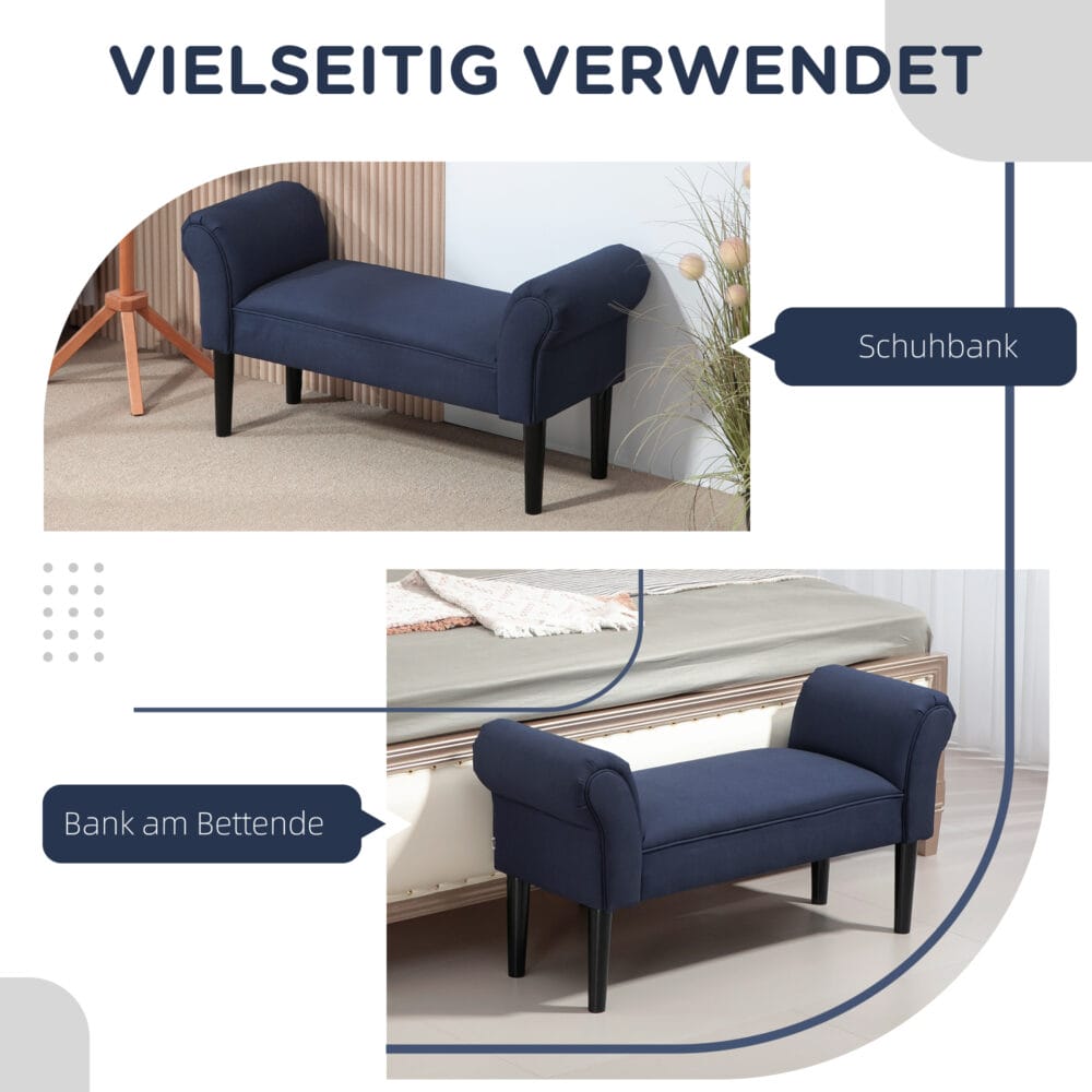 Blaue Bettbank mit Segelstoff-Bezug für das Schlafzimmer, belastbar bis 130kg. Eine stilvolle und praktische Ergänzung am Fussende des Bettes.
