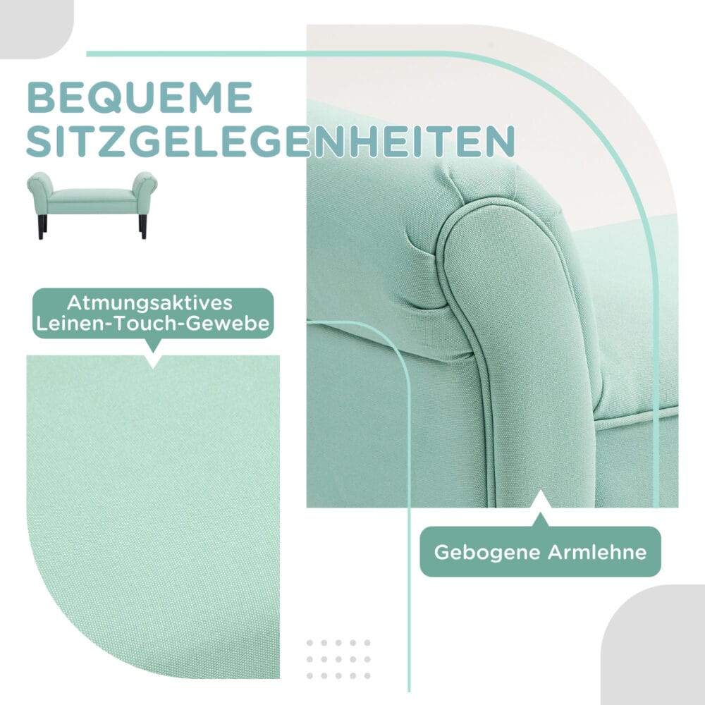 Grüne Bettbank mit Segelstoff-Bezug für das Schlafzimmer, belastbar bis 130kg. Bietet zusätzliche Sitzgelegenheit und Ablagefläche.