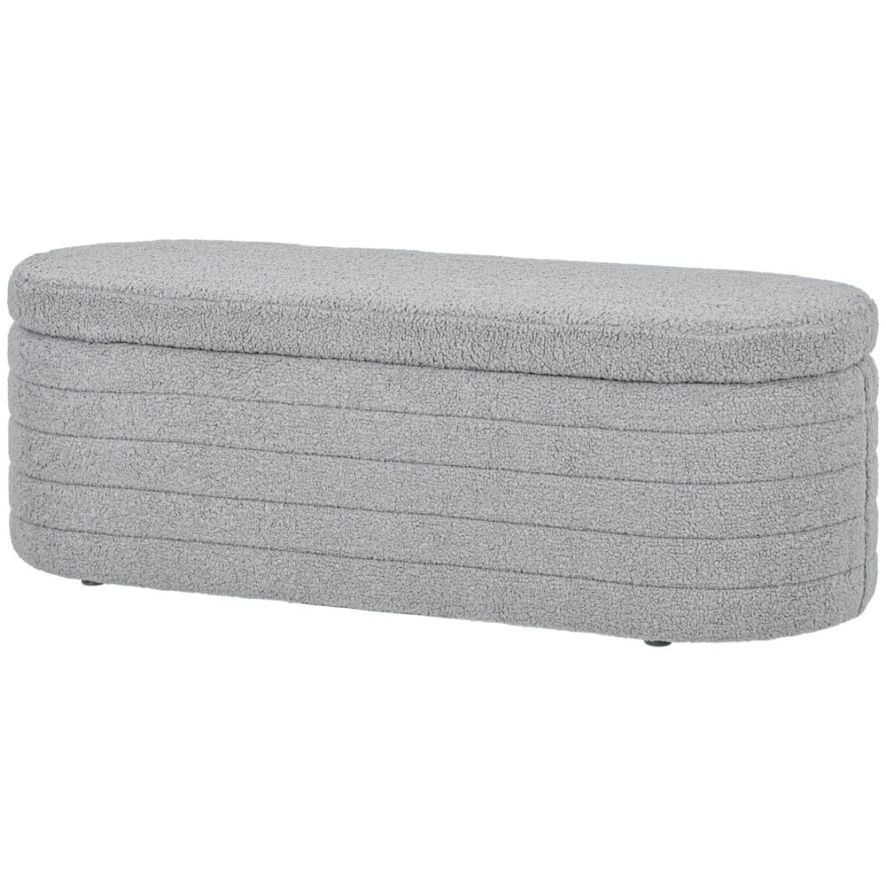 Hellgraue Bettbank aus Teddy-Fleece mit integriertem Stauraum, Masse 116x41x40.5cm. Eine kuschelige und praktische Ergänzung fürs Schlafzimmer.