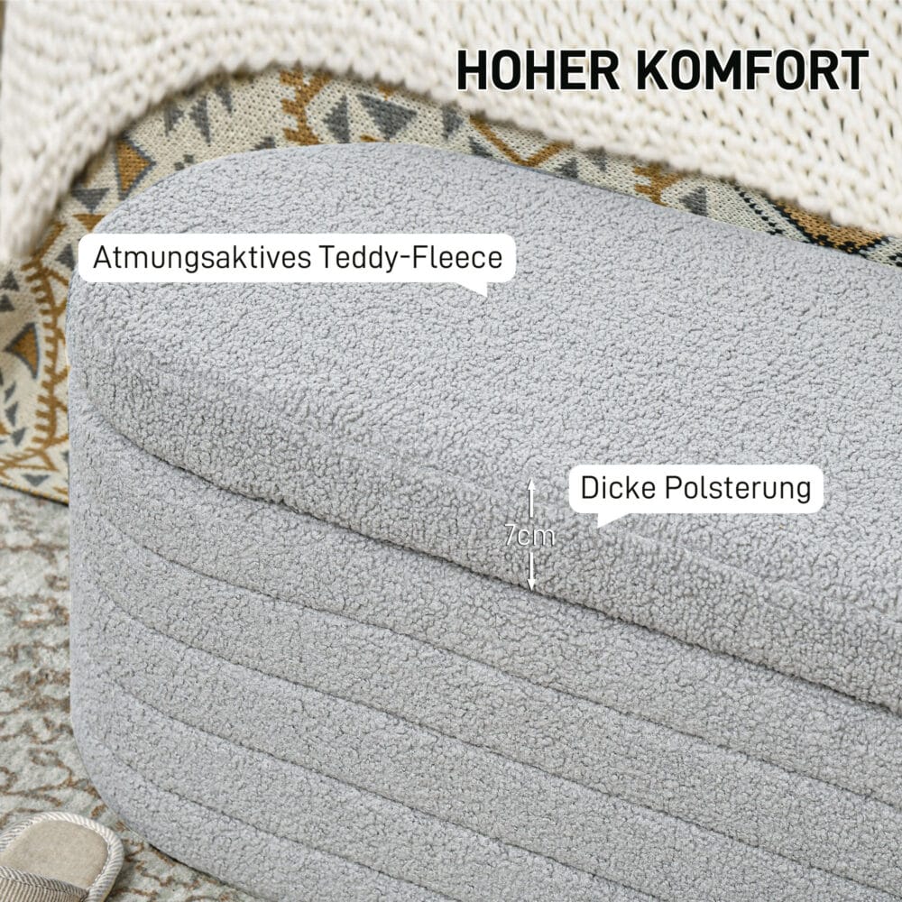 Hellgraue Bettbank aus Teddy-Fleece mit integriertem Stauraum, Masse 116x41x40.5cm. Eine kuschelige und praktische Ergänzung fürs Schlafzimmer.