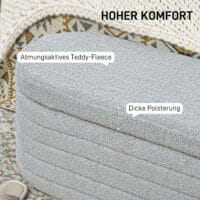 Hellgraue Bettbank aus Teddy-Fleece mit integriertem Stauraum, Masse 116x41x40.5cm. Eine kuschelige und praktische Ergänzung fürs Schlafzimmer.