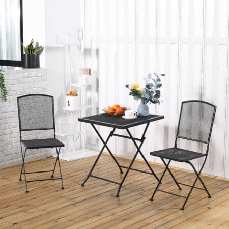 Modernes, graues und faltbares Bistro-Set für drei Personen.