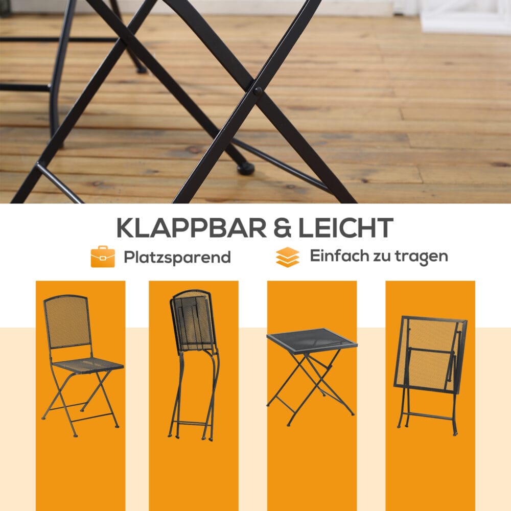 Modernes, graues und faltbares Bistro-Set für drei Personen.