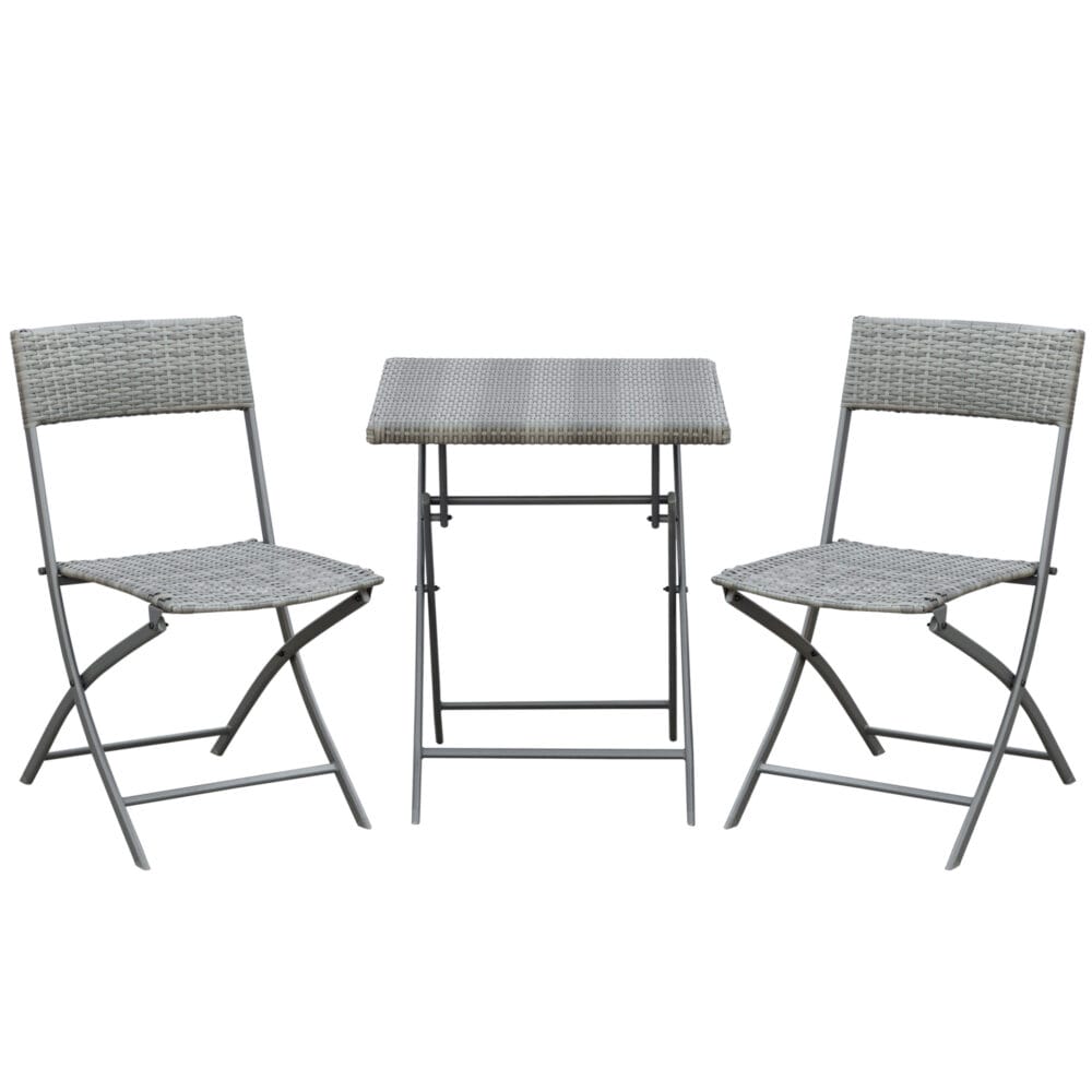 Graues Polyrattan Bistroset für Balkon oder Terrasse, bestehend aus einem Tisch und zwei Stühlen, ideal für gemütliche Stunden im Freien.