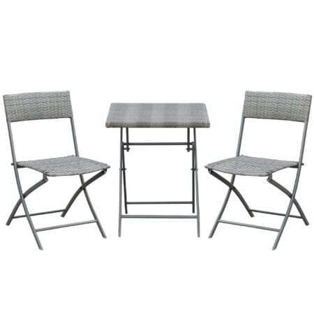 Graues Polyrattan Bistroset für Balkon oder Terrasse, bestehend aus einem Tisch und zwei Stühlen, ideal für gemütliche Stunden im Freien.