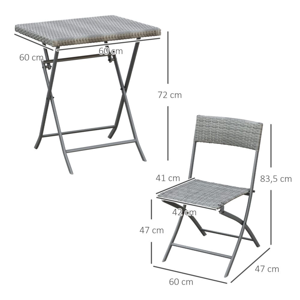 Graues Polyrattan Bistroset für Balkon oder Terrasse, bestehend aus einem Tisch und zwei Stühlen, ideal für gemütliche Stunden im Freien.