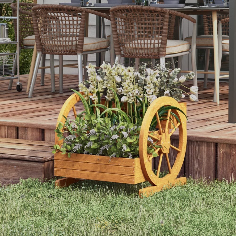 Blumenkasten im Wagenrad-Design, 61x62x57 cm, Material Teakholz.