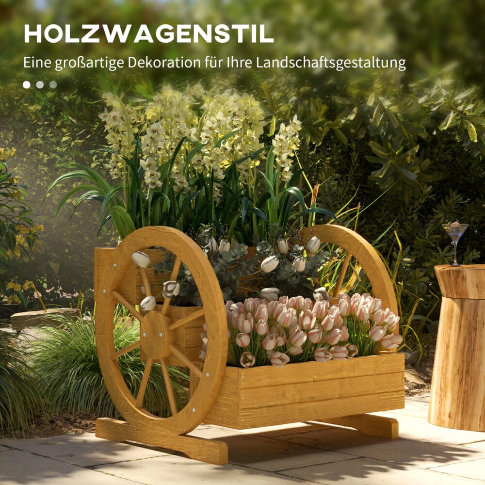 Blumenkasten im Wagenrad-Design, 61x62x57 cm, Material Teakholz.