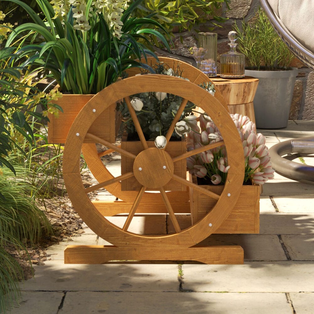 Blumenkasten im Wagenrad-Design, 61x62x57 cm, Material Teakholz.