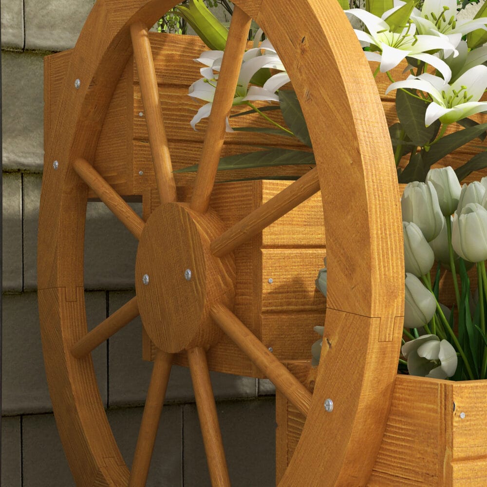 Blumenkasten im Wagenrad-Design, 61x62x57 cm, Material Teakholz.