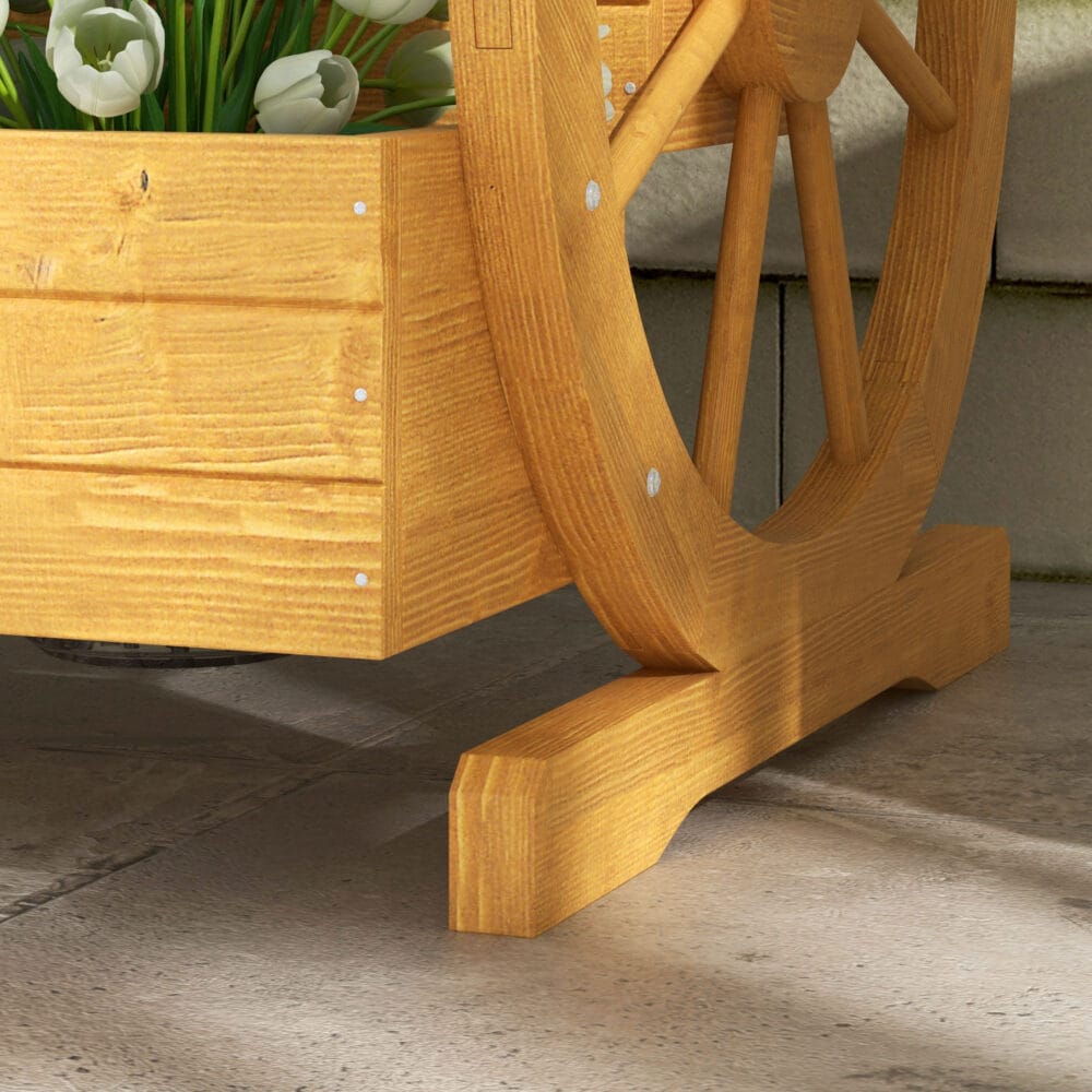 Blumenkasten im Wagenrad-Design, 61x62x57 cm, Material Teakholz.
